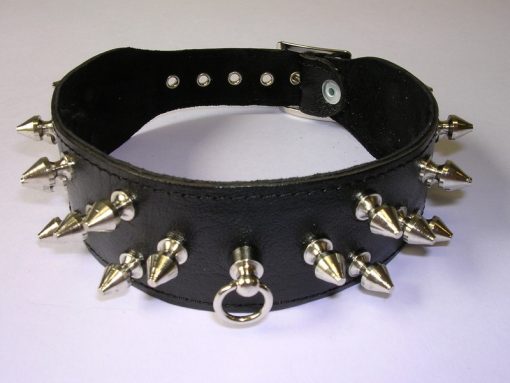 Halsband 4 cm. breed, versierd met spikes - Leer #7545