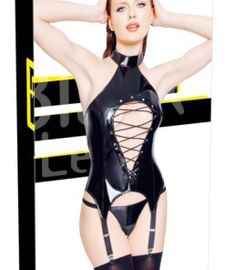 black level vinyl basque and string